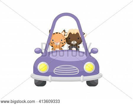 Cute Little Lynx And Musk-ox Driving Purple Car. Cartoon Character For Childrens Book, Album, Baby S