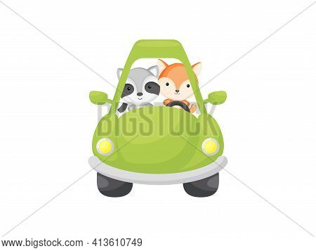 Cute Little Raccoon And Fox Driving Green Car. Cartoon Character For Childrens Book, Album, Baby Sho
