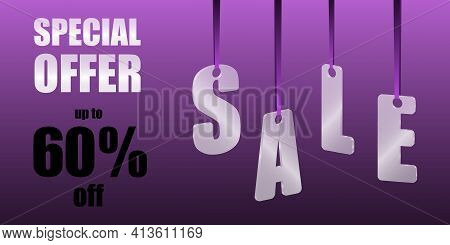Sale Special Offer. Translucent Glass Or Plastic Letters On Purple Silk Ribbons With Purple Backgrou