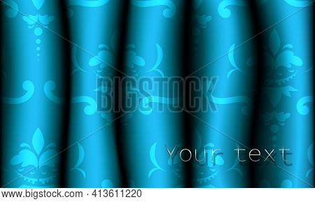 Realistic Blue Patterned Fabric Curtains. Pattern On Drapes. Vector Illustration.