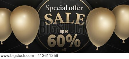 Sale, Special Offer With Gold Realistic Air Balloons On Luxury Black Background. Vector Design Templ
