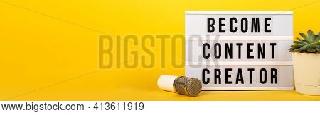 Leght Box Become Content Creator On Red Abstract Background . Content Creators And Online Education 