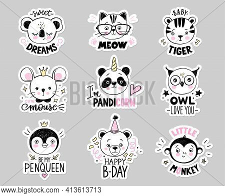 Doodle Animals Vector Set. Owl, Cat With Glasses, Baby Tiger, Panda Unicorn, Bear, Monkey, Princess 