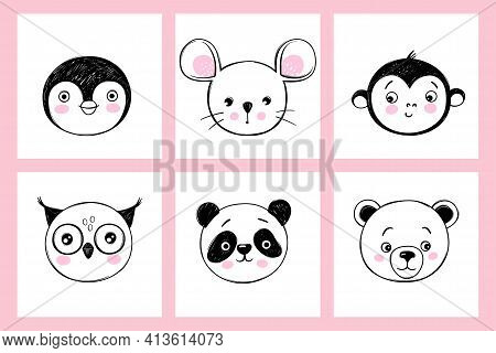 Doodle Animals Head Vector Set. Owl, Panda, Bear, Monkey, Mouse, Penguin Faces In Sketch Style. Funn