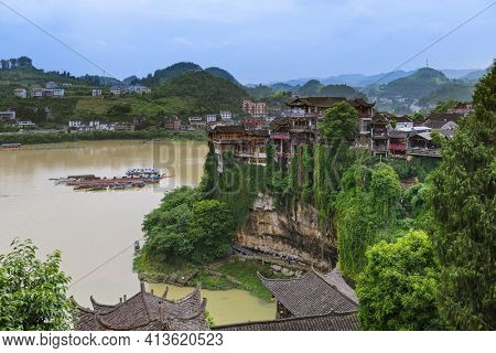 Furong, China - May 29, 2018: Furong ancient village and waterfall in Hunan.