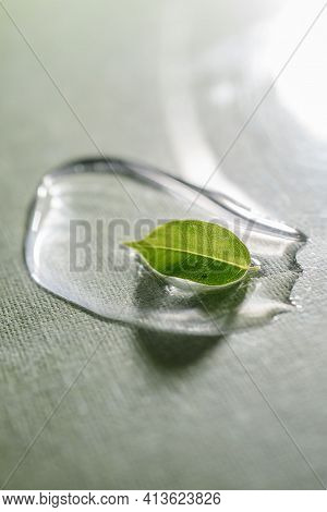 The Gel Drop With A Green Leaf On A Green Background.