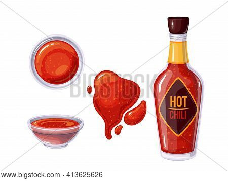 Hot Chili Sauce In Bottle And Bowl