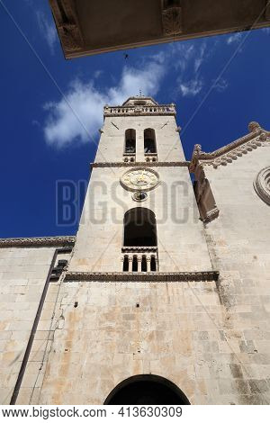 Croatia Korcula Town. Cathedral Of St. Mark - Roman Catholic Romanesque Style Landmark.