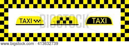 Taxi Sign For Car. Cab On Yellow-black Checkered Background. Flag For Driver In Nyc. Checkerboard Pa