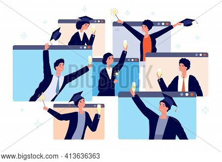 Online Graduation. Graduates Virtual Party, Young Men Celebrate Video Call. Happy People Together, D