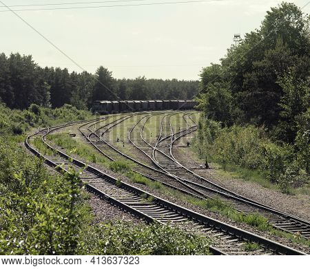 Railway Goods Station Tracks Intersection. Interlaced Turnouts With Manual Control