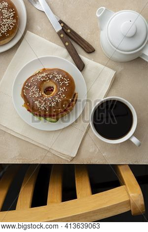 Bagels Breakfast Sandwich With Cucumber And Eggs, Pastry Concept, Morning Coffee Cup At Table And Ch