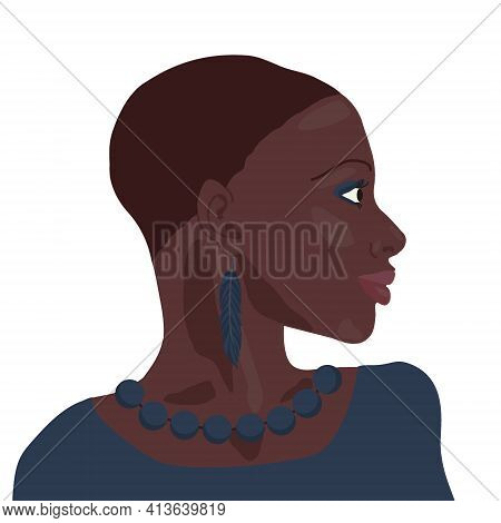 Portrait Of Beautiful African American Girl. Young Elegant Black Woman Head Profile Bust With Short 