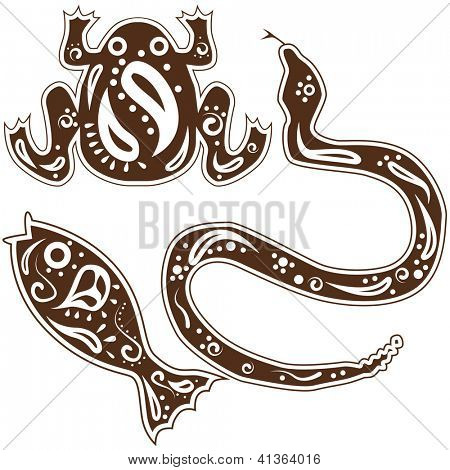 Un'immagine di tribale, serpente, pesce, animale arte rana.