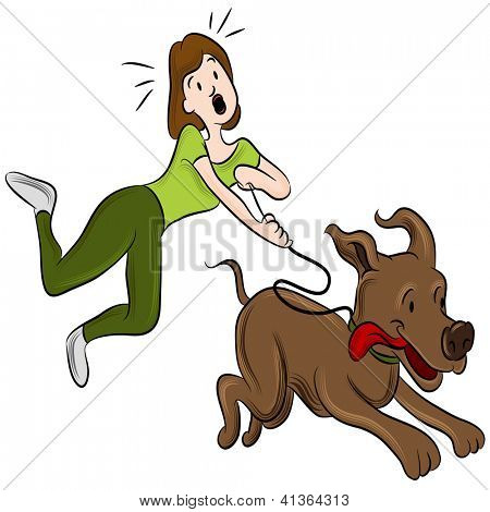 Bir kadın onu köpek yürümeye çalışıyor görüntüsünü.