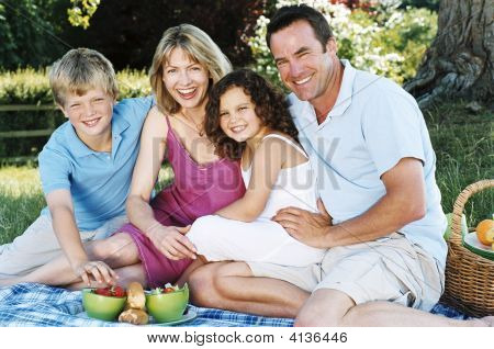 Famiglie seduti all'aperto con pic-nic sorridente