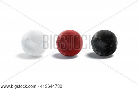 Blank Velvet Black, White And Red Ball Mockup Set, 3d Rendering. Empty Velour Or Fleece Glob Surface