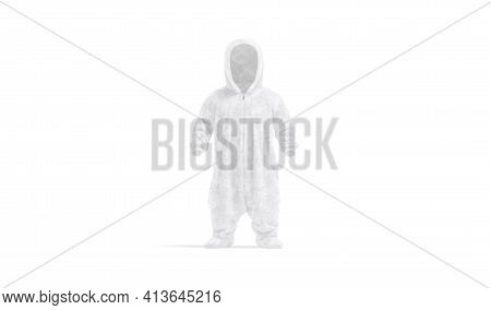 Blank White Kid Plush Jumpsuit With Hood Mockup, Front View, 3d Rendering. Empty Nightwear Overall F