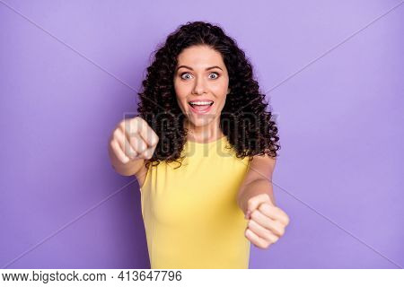 Photo Of Positive Pretty Person Hands Steer Imagine Wheel Open Mouth Isolated On Violet Color Backgr