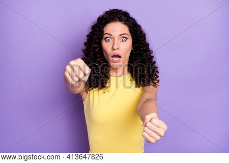 Portrait Of Impressed Lady Open Mouth Staring Camera Arms Steer Imagine Wheel Isolated On Purple Col