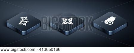 Set Isometric Japanese Ninja Shuriken, Cannon And Japanese Ninja Shuriken Icon. Vector