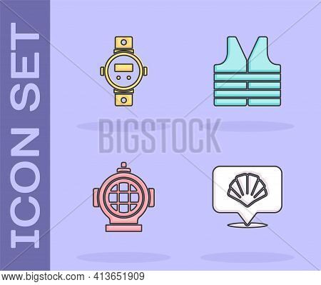Set Scallop Sea Shell, Diving Watch, Aqualung And Life Jacket Icon. Vector
