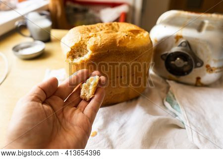 Home Baked Bread. \rfreshly Made White Bread Is Removed From The Bread Pan