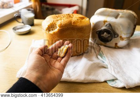 Home Baked Bread. \rfreshly Made White Bread Is Removed From The Bread Pan