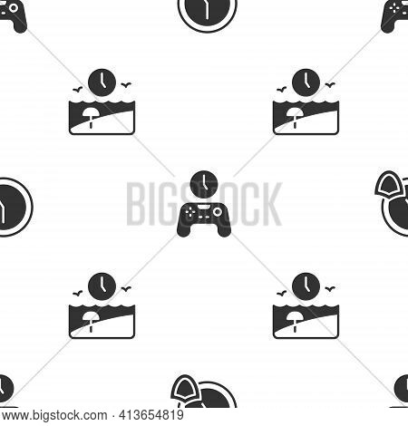 Set Clock With Shield, Gamepad Of Time And Vacation On Seamless Pattern. Vector