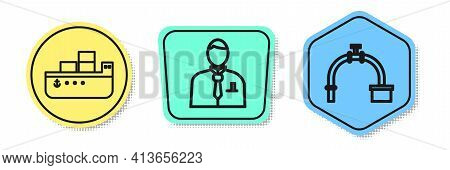 Set Line Oil Tanker Ship, Businessman Or Stock Market Trader And Industry Pipe And Valve. Colored Sh