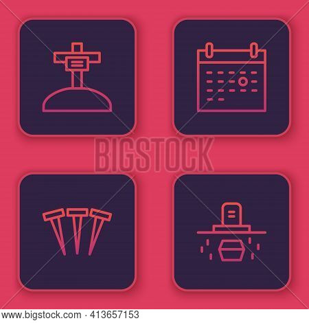 Set Line Grave With Cross, Metallic Nails, Calendar Death And Coffin. Blue Square Button. Vector