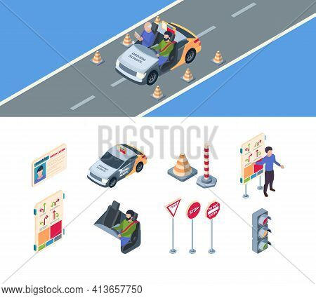 Drive School. Zone For Drivers Examination Autopark Barrier Cones Students Learning Rules Of Automob