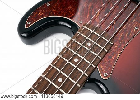 Metallic Volume Treble Guitar Bass Knobs. Electric Guitar. Red Electric Bass Guitar Close-up. Musica