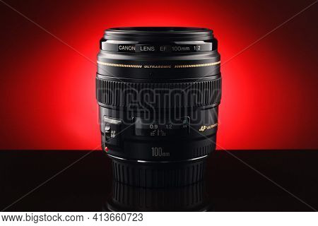 Lviv, Ukraine - February 28, 2020: Portrait Lens Canon Ef 100mm F/2 Usm