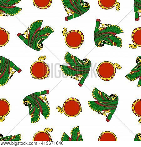 Colorful Falcon And Sun-disk Cobra Seamless Pattern Vector. Ancient Egypt Cultural And Religion Symb