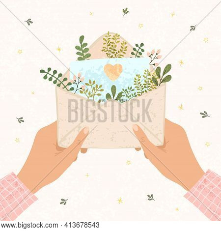 Illustration Of An Woman Hols In Hands Open Envelope With Paper On Which Is Drawn A Heart