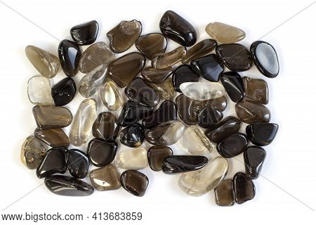 Macro Shooting Of Collection Natural Rock Set Of Morion, Smoky Quartz Crystals Gem Mineral Stones Is