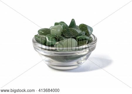 Macroshooting Of Natural Mineral Rock Specimen - Tumbled Green Aventurine Gemstone On White Backgrou
