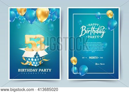 53rd Years Birthday Vector Invitation Double Card. Fifty Three Years Wedding Anniversary Celebration
