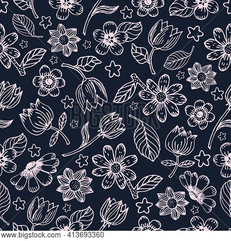 Flowers And Leaves Vector Seamless Pattern. Seamless Hand Draw Vector Pattern. Background With Decor