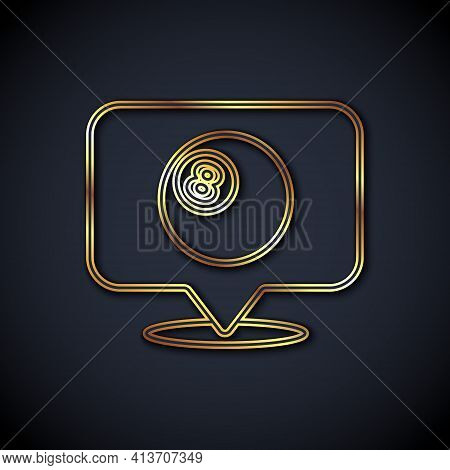 Gold Line Map Pointer With Billiard Pool Snooker Ball With Number 8 Icon Isolated On Black Backgroun