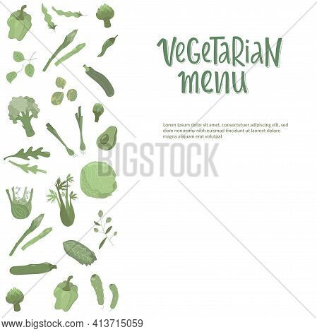 Vegetarian Menu Handwritten Sign With Green Vegetables. Vector Stock Illustration For Design Templat