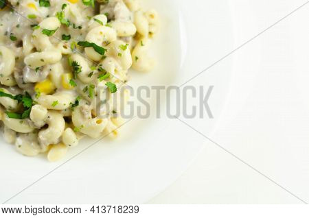 Cooked Pasta With Flaked Tuna And Sweetcorn In Mayonnaise Dressing, Healthy Salad
