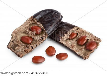 Ripe Carob Pods And Bean Isolated On White Background With Clipping Path And Full Depth Of Field