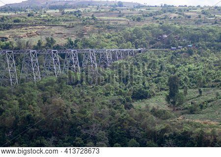 View Over The Massive Famous Goteik Viaduct Bridge For The Local Commuter Train In Myanmar, Burma
