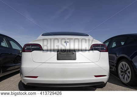 Indianapolis - Circa March 2021: Tesla Electric Vehicles Awaiting Preparation For Sale. Tesla Produc