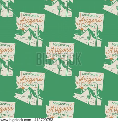 Us State Arizona Badges Pattern. Camping Adventure Seamless Background With Landscape And Text. Stoc