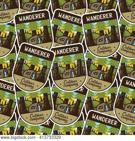 Camping Adventure Badges Pattern. Wanderer Hiking Seamless Background With Tent, Mountains, Cabin Li