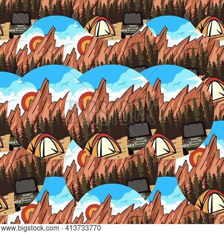 Camping Adventure Badges Pattern. Mountain Explorer Seamless Background With Tent, Mountains, And Rv