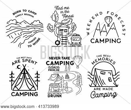 Vintage Line Art Logo Designs Set. Camping Adventure Badges With Camp Scenes. Camp Label, Hiking Ins